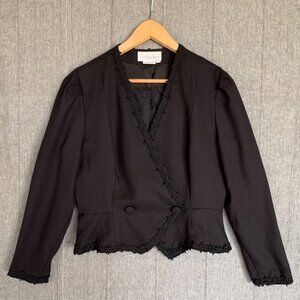 80s Petites for Maggie Black Lace Trim Double Breasted Peplum Blazer Size 10P